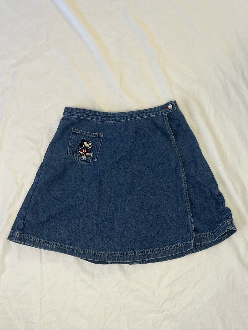 Disney Dark Blue Denim Wrap Skirt Size Small with Mickey Pocket